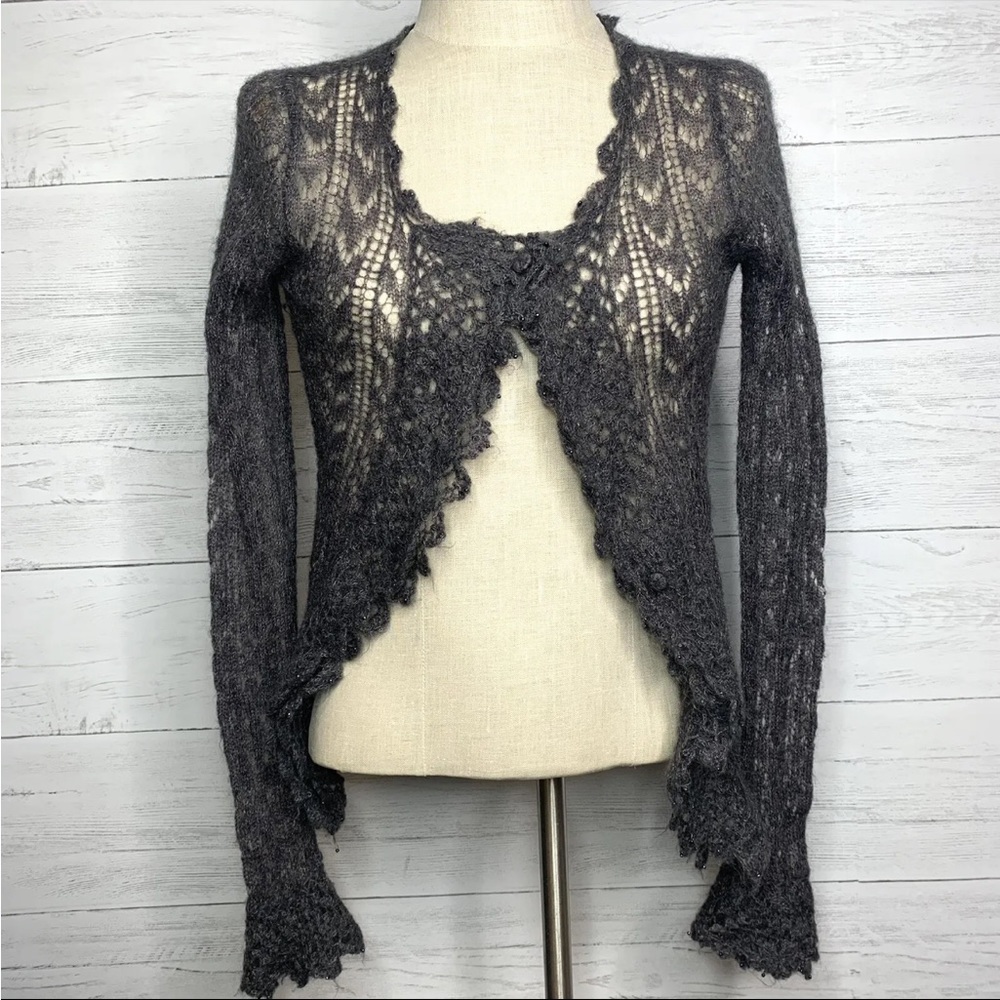 Maje Grey Mohair Open Knit Pointelle Ruffle Cardigan S/M